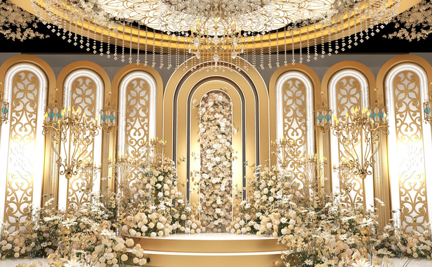 巴音郭楞香槟色调婚礼堂效果展示